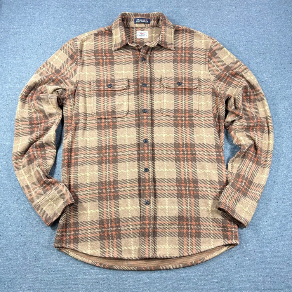 Faherty Legend Shirt Mens Small Brown Plaid Knit Flannel Long Sleeve Button Up